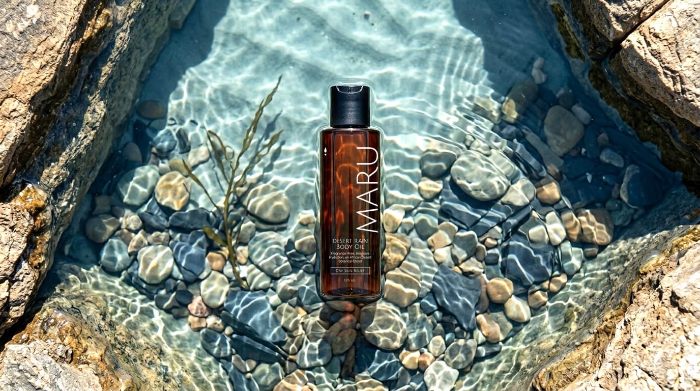 Maru Desert Rain body oil in cool evening light
