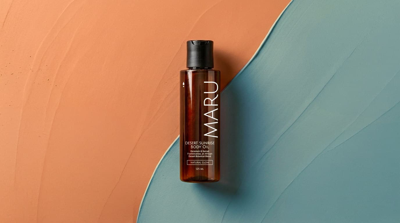 Maru Desert Sunrise body oil in warm morning light