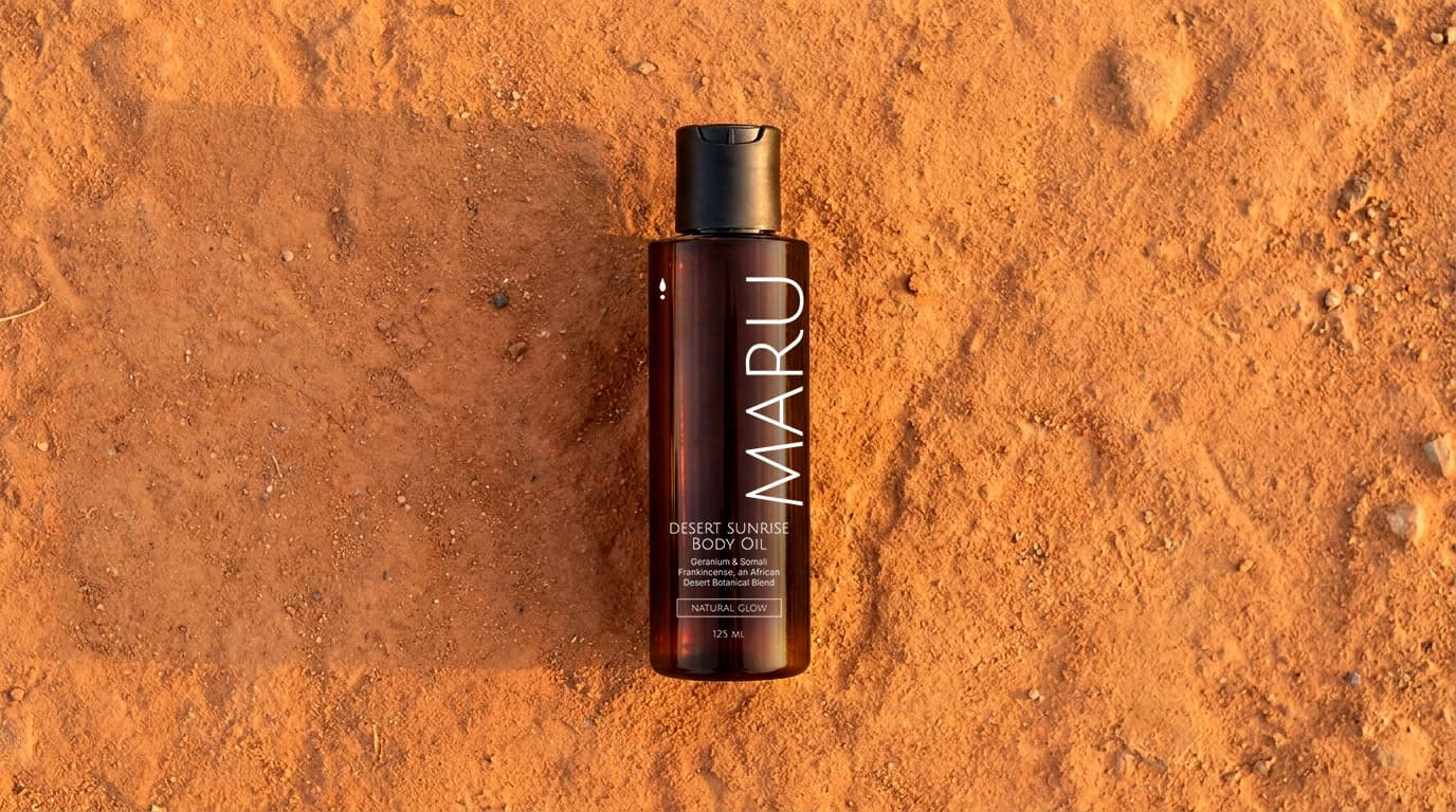 Maru body oil bottle in desert sand