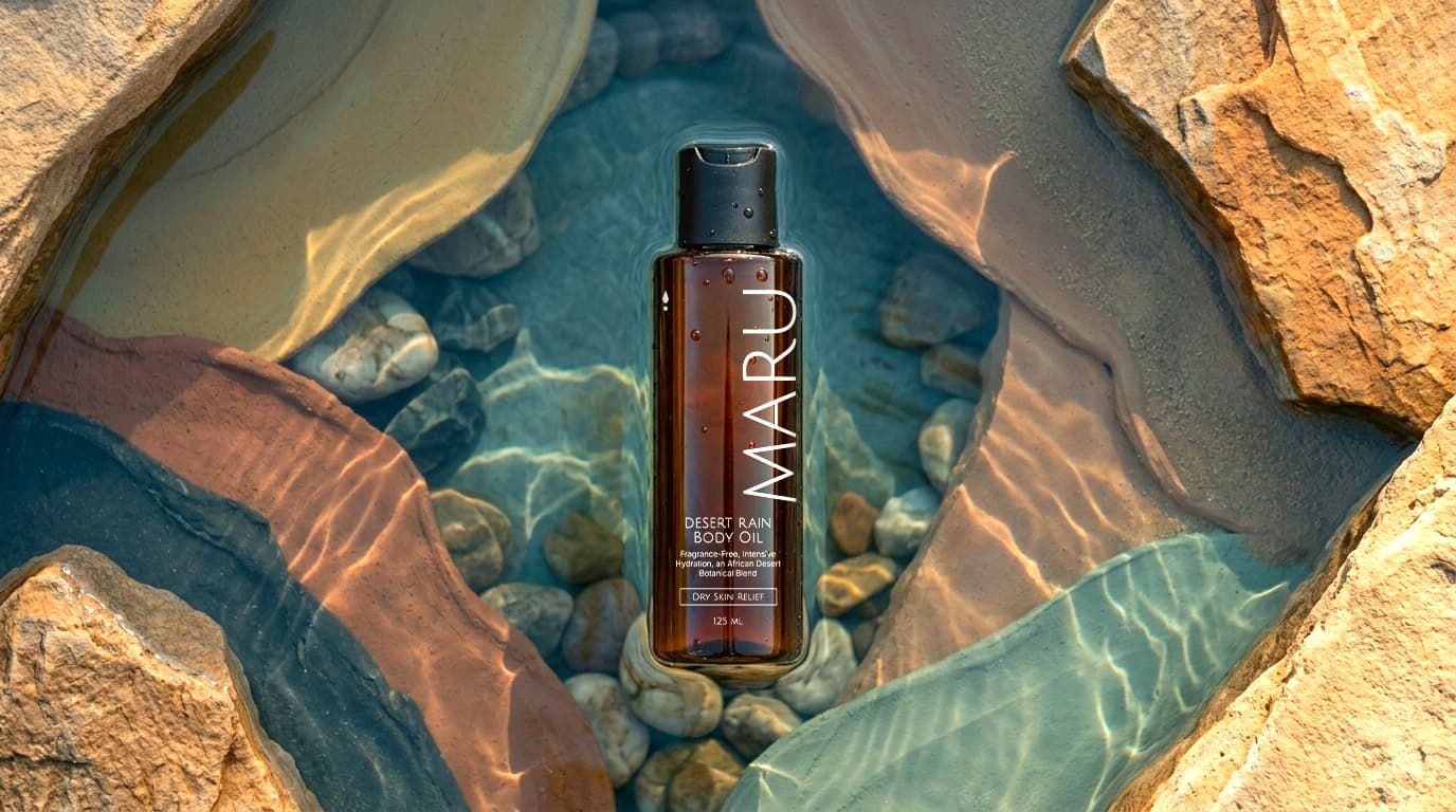 Maru body oil bottle in water