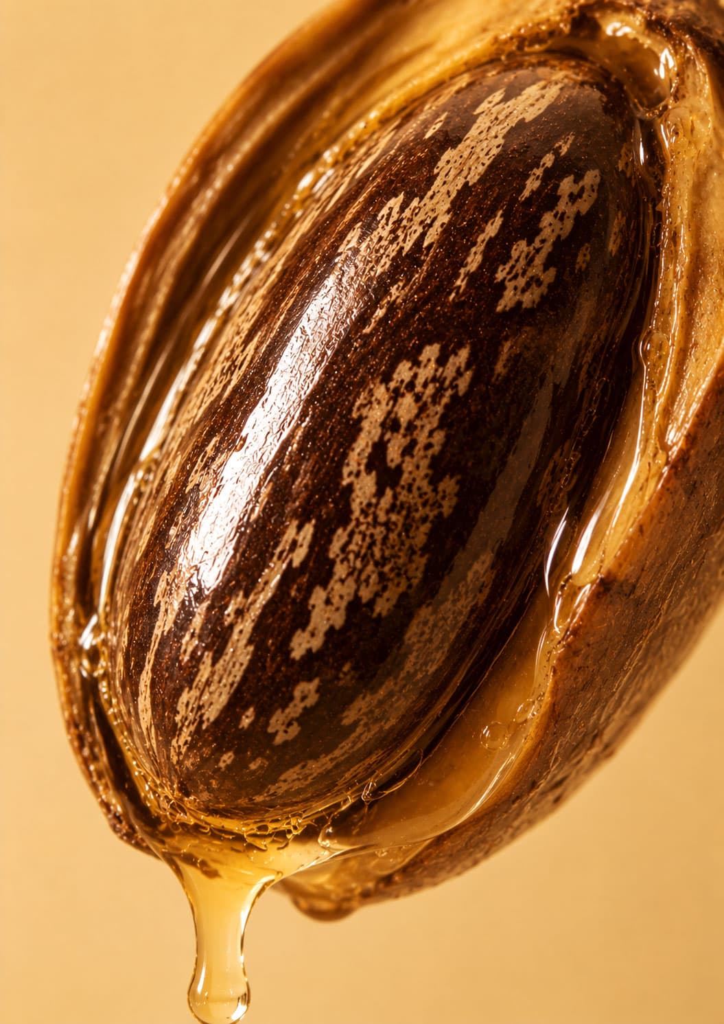 A mottled castor seed with a drop of castor oil